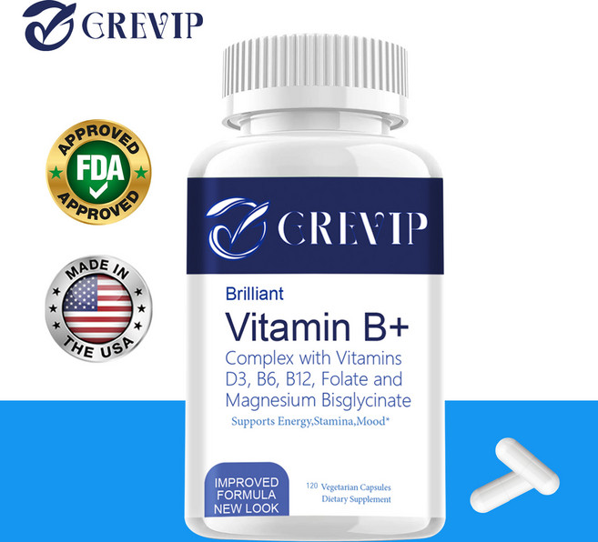 비타민 B(리보플라빈) 복합체(비타민 D3 B6 B12 엽산 마그네슘 비스글리시네이트 함유) 지구력 기분 에너지 생성 지원 120캡슐, 1개, 60정