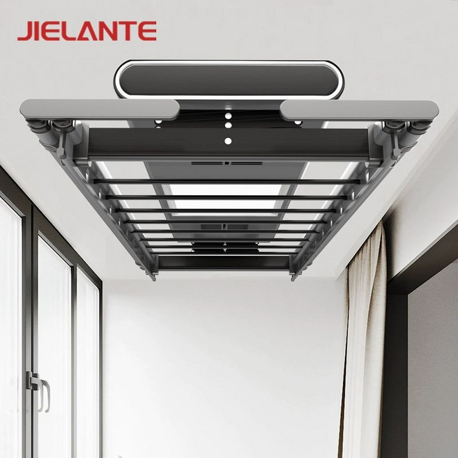 자동빨래건조대 무선 천장형 건조대 발코니 베란다 리프트 블랙, 설치없이 화이트 조명크로스바
