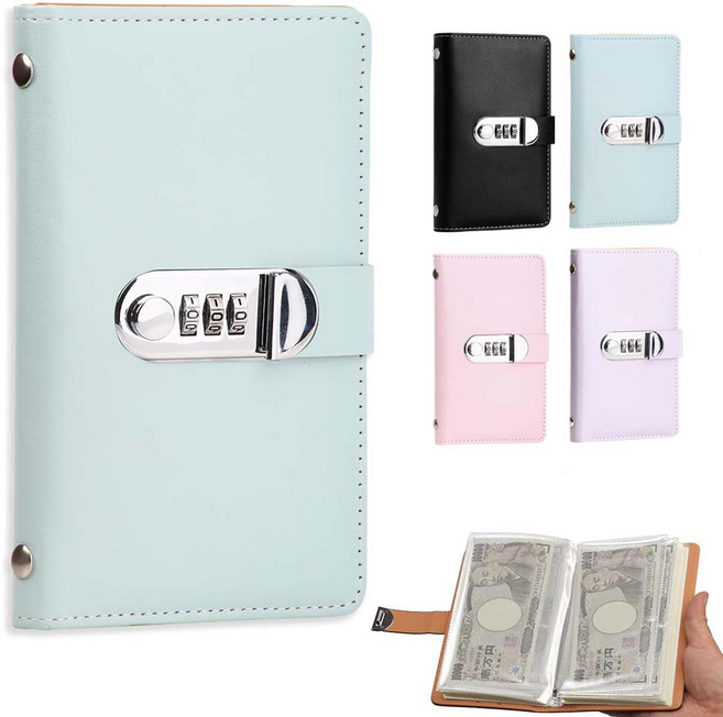 루베이 현금수납 다이어리 방수 가죽 재질 비밀번호 잠금 수납영 수증/사진/지폐, 푸른 색, 1개