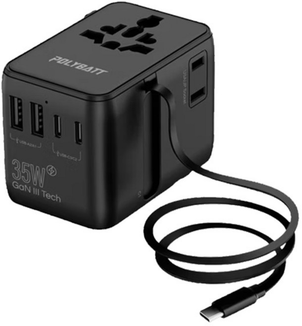 POLYBATT 35W GaN氮化鎵 萬國旅遊轉接頭 自帶充電線, 1個, 黑色