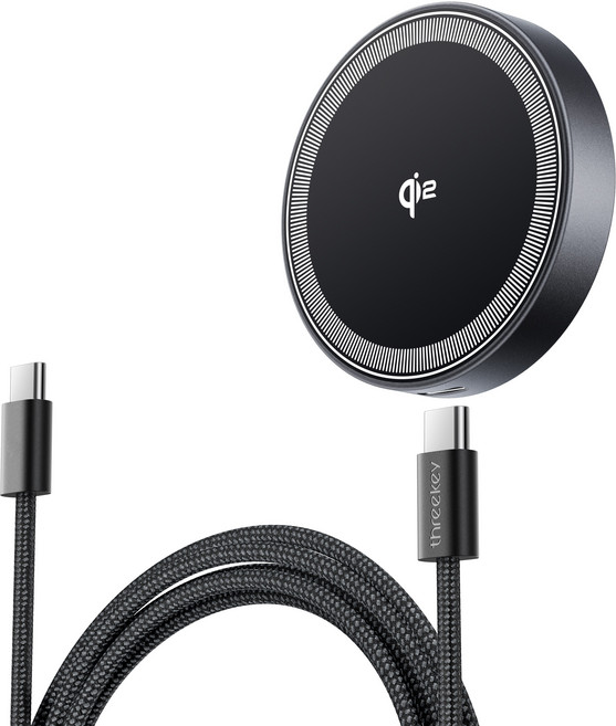 THREEKEY 맥세이프 무선 충전기 15W 초고속 충전기 호환 Qi2 마그네틱 무선충전기 휴대용 차량용충전기 슬림 디자인, 블랙2.0, 1개