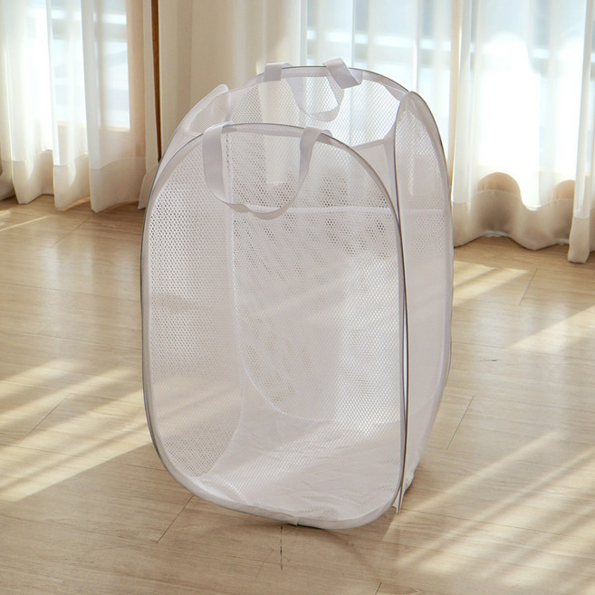 이지유 접이식 메쉬 빨래 바구니 원터치 세탁 보관 햄퍼, 화이트