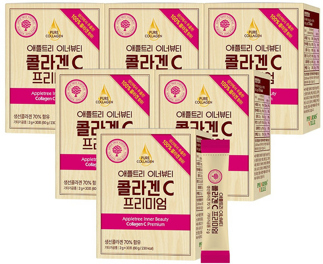애플트리 이너뷰티 콜라겐C 저분자 피쉬 콜라겐 펩타이드 먹는 히알루론산 가루 분말 파우더 어류콜라겐 피부 비타민 영양제 스틱, 30회분, 6박스