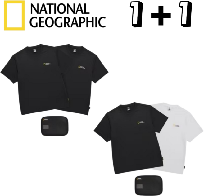 (매장정품) 1+1 내셔널지오그래픽 유니 메이스 반팔 티셔츠 남성 여성 화이트 블랙 + 내셔널지오그래픽 파우치