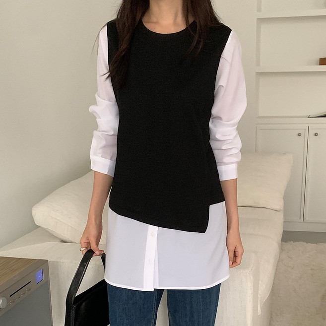 [~5XL/빅사이즈][MADE] 자체제작 99-180 사선 절개 다이마루 티셔츠 직기 셔츠 레이어드 블라우스 출근룩 5624