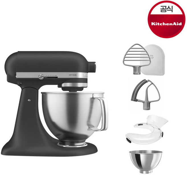 키친에이드 아티잔 4.8L 5쿼터 틸트헤드 스탠드믹서 반죽기 캐스트 아이언 블랙 195(5KSM195PSWBK), 1개