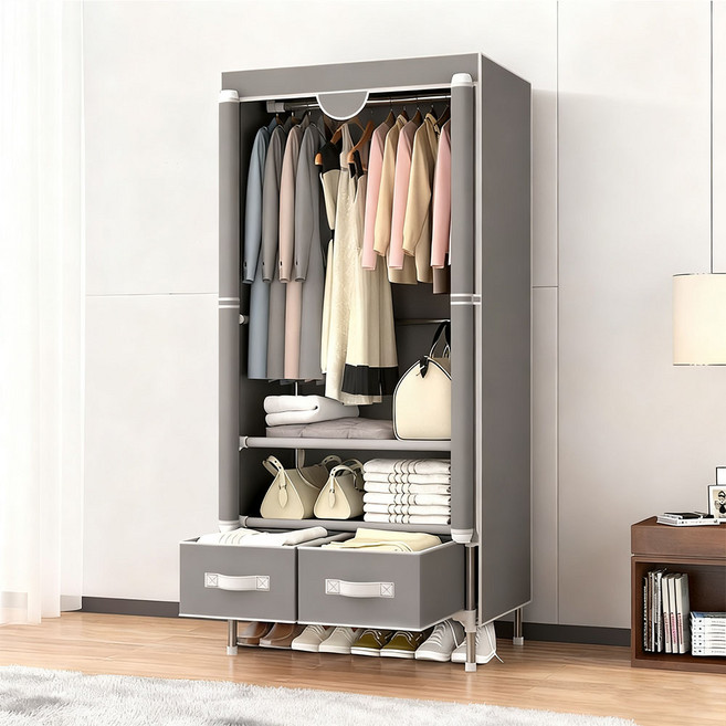 日韓式DIY布衣櫃 簡易組裝衣櫥 多功能收納衣櫃 防塵耐用, 灰白色75*45*170 配2收納抽屜