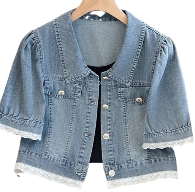 여성용 레이스 수술 쇼트 데님 코트 여름 반팔 데님 재킷 Women's Jackets
