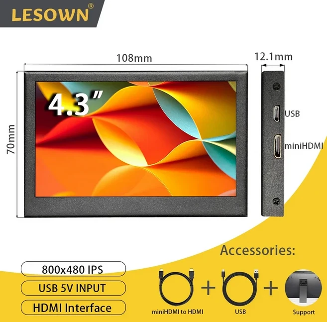 LESOWN 4.3 인치 모니터 소형 HD 800x480 IPS 미니 스크린 와이드 LCD 휴대용 디스플레이 윈도우 노트북 PC, 01 4.3 inch monitor