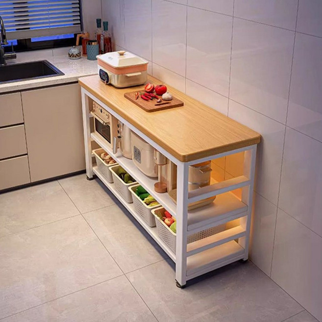 전자레인지선반 주방수납장 작업대 정수기수납장, 우드+화이트, 3단