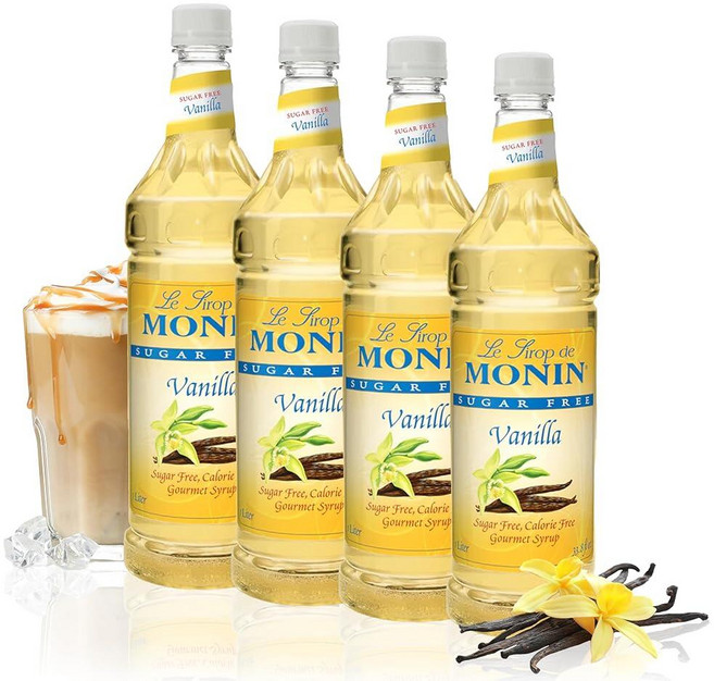 Monin - 무설탕 바닐라 시럽 대담한 바닐라빈 맛 커피 칵테일 및 라떼에 적합 글루텐 프리 GMO 프리 (1리터 2팩), 33.8 Fl Oz (Pack of 4), 1L