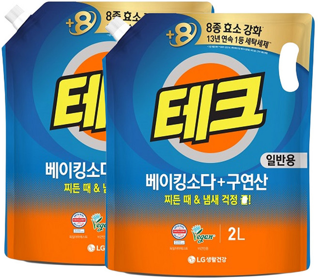 LG생활건강 테크 액체 세제 리필형 드럼용 2L+2L(1세트), 2L