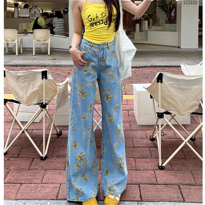 SAHINER 봄가을 여성 하이웨이스트 플라워 프린트 캐주얼 와이드 데님 팬츠 LJBNZ50