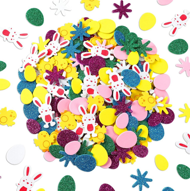 부활절 폼 스티커 공예용 300PCS 자동 접착 스프링 글리터 달걀 토끼 병아리 꽃 장식 예술 공예 DIY 용품, Gold & Silver