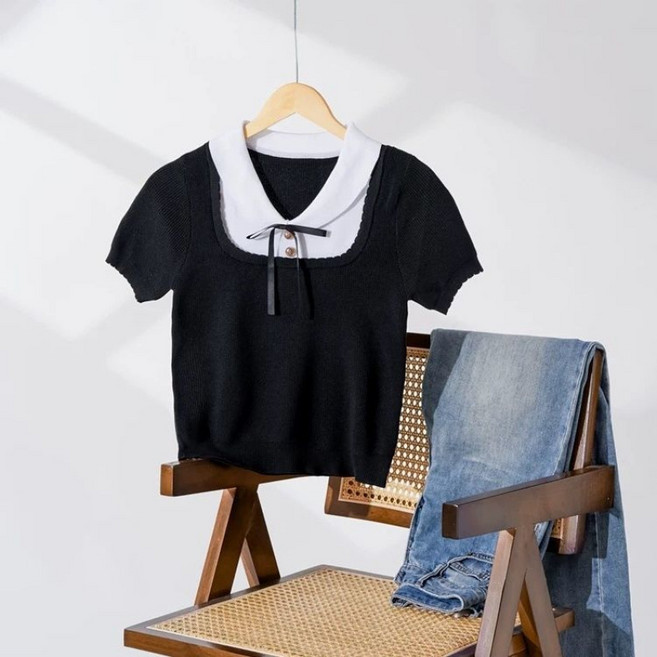 해피유통 14세 이상 어린이 패션 반팔 브이넥 티셔츠 화이트 칼라와 리본 XG08