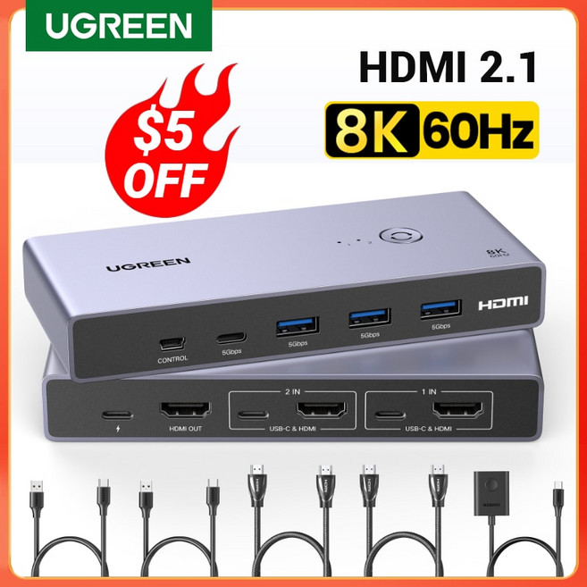 UGREEN HDMI KVM 스위치 USB C USB30 KVM 스위처 모니터 프린터 키보드 마우스 지지대 3D HDR 비전 1 개 공유 8K 60Hz 2 PC, 1)8K KVM Switch
