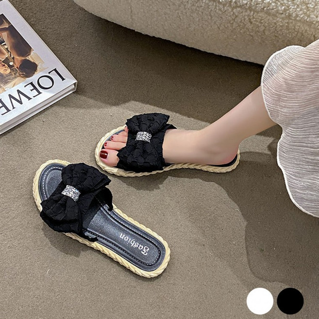 나오유 큐빅 슬리퍼 리본 장식 여름용 러블리한 외출화