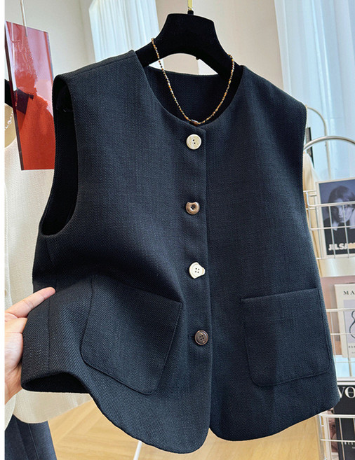 法式圓領小西裝馬甲背心外套，氣質無袖坎肩，層次穿搭上衣