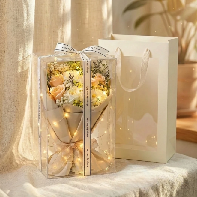 러빙룸 풍성한 비누 꽃다발 + 쇼핑백 + LED전구 세트, 1개, 모카 베이지