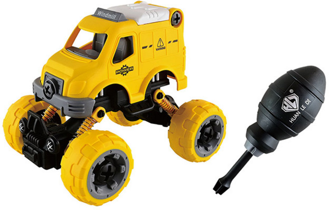 風車圖書 DIY拆裝 回力車 資源回收車 警車 校車 消防車 汽車 救護車 警車廂型車 電源車 四輪驅動, 1個, 電源車(黃)-DIY拆裝回力車