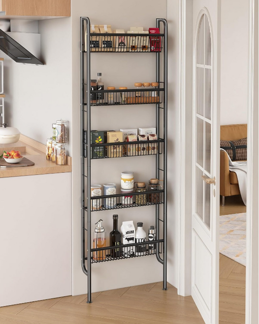 SAIVEINA 홈 수납정리 다용도 틈새 슬림 산반 욕실 화장실 문뒤에 고정 가능한 5단 선반 가방 CD 간식 정리용 프리미엄 와이어 스탠드, 블랙