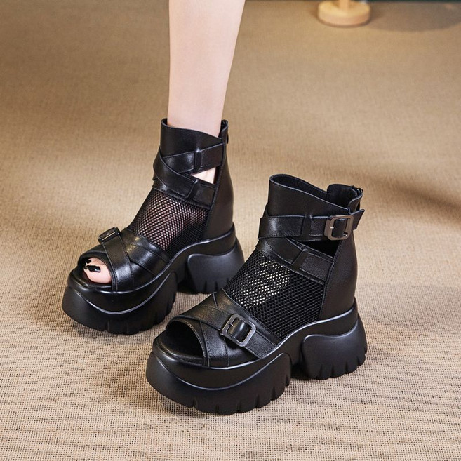 여성 로마 샌들 하이웨스트 통굽 여름 키높이 토오픈 앵클 펀칭 통기성샌들