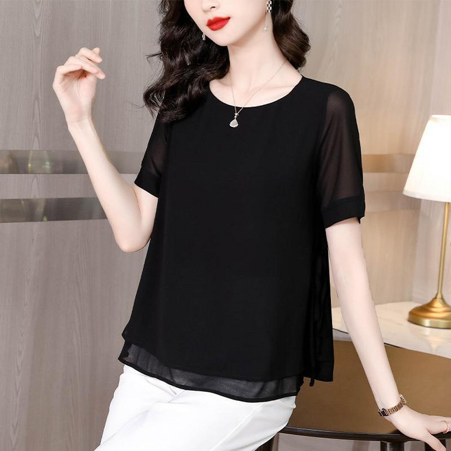 중년 여성 반팔 블라우스 티셔츠 캐주얼 봄 여름 반팔 상의 루즈핏 기질 라운드 쉬폰 블라우스 JZZN