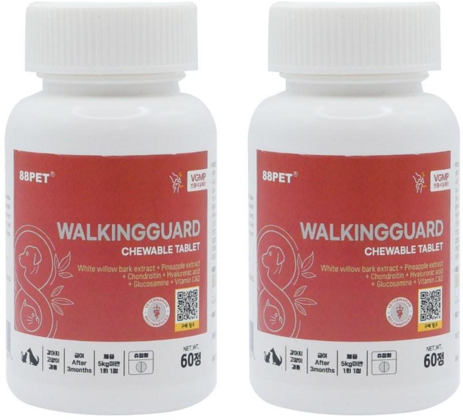 88펫 워킹가드 츄정 강아지 고양이 관절 슬개골 고관절 진통제 소염제, 60정, 뼈/관절강화, 2개