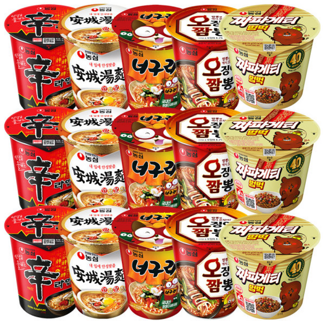 농심 소컵 씩 총 (너구리 얼큰한맛 + 신라면 + 안성탕면 + 오징어짬뽕 + 짜파게티범벅), 15개