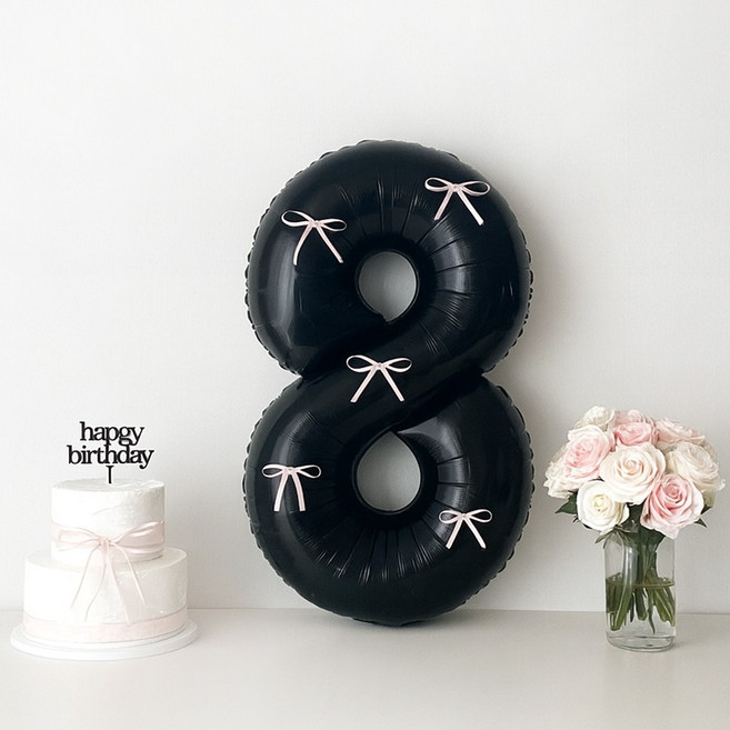 해피제이니 블랙 초대형 숫자 풍선 핑크리본 이벤트 기념일 생일, 1개, 블랙숫자+핑크리본 8