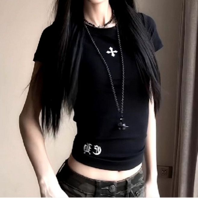 히또리 T4943 쫀쫀 펑키 빈티지 프린팅 반팔 블랙 티셔츠