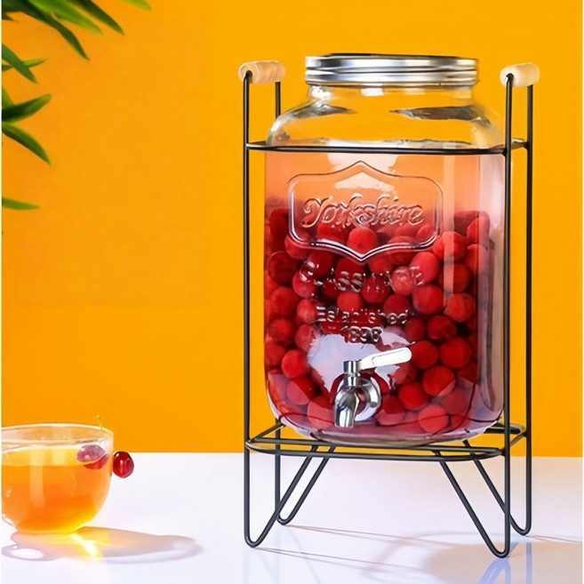 玻璃飲料果汁桶 5L/8L 升級304水龍頭 冷飲壺 紅茶桶 儲水容器, 1個, 【加厚】16斤（8L)瓶+不銹鋼龍頭+架, N/A, 8L