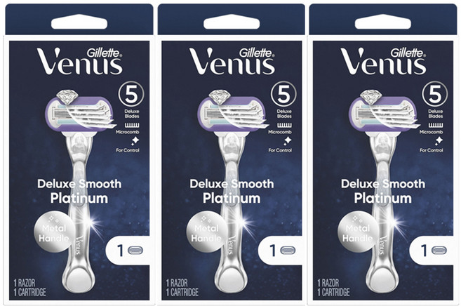 질레트 비너스 디럭스 스무스 플래티넘 여성용 면도기, 3개, 1개입