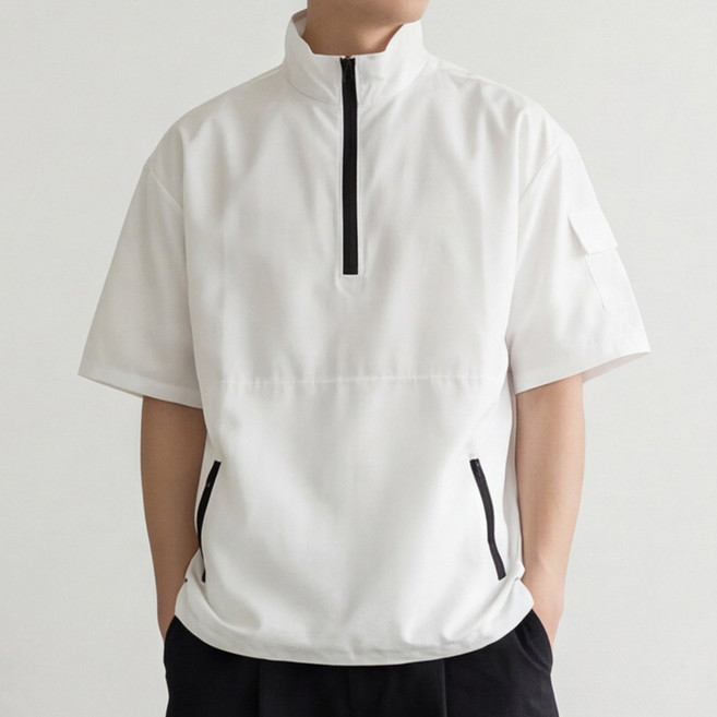 루크 남성 루즈핏 반집업 아노락 반팔 바람막이 편안한 트레이닝 운동복 힙한 스트릿 패션 고프코어 상의