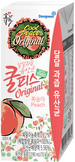 동원 쿨피스 복숭아, 190ml, 20개