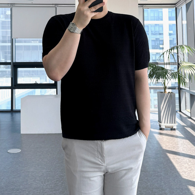 룩플레인 시원한 텐셀 원단 입체 케이블 여름 반팔 니트 4color