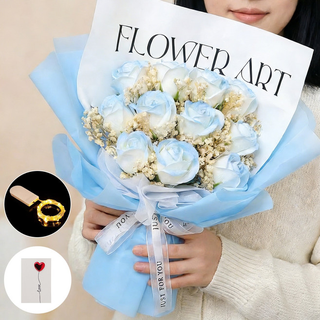 Firina LED 비누꽃다발 장미 졸업선물 꽃다발 기념일 선물 리본포장 쇼핑백 카드 포함, 핑크색, 1개