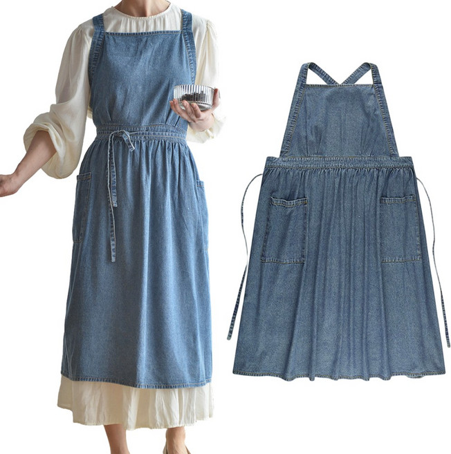 AREEZEN 브랜드공정 핏예쁜 데님 원피스 앞치마 A라인, 1개, 감성데님 진청