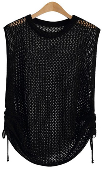 제니트 여성 루즈핏 라운드넥 망사 스트링 니트 조끼 베스트 운스옆끈조끼