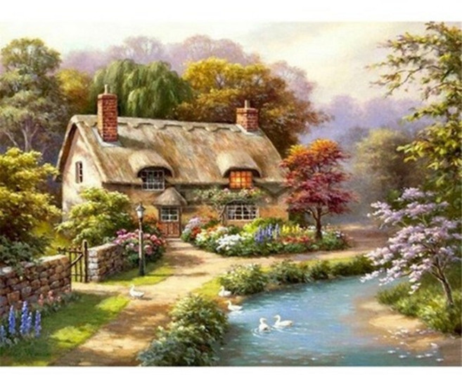 심스타 실십자수 고요한 마을 풍경 봄 호수 도안 패키지 DIY, 40X50CM 면사 3가닥자수, 1개