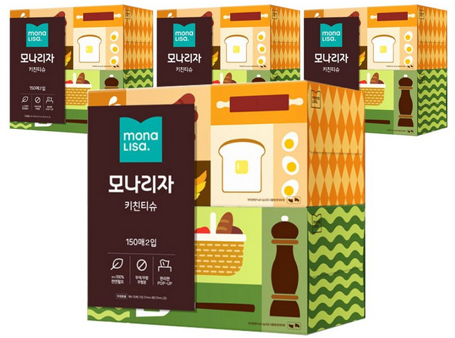 모나리자 뽑아쓰는 천연펄프 키친티슈 150매 2입 4팩 키친타올, 2개입, 4박스