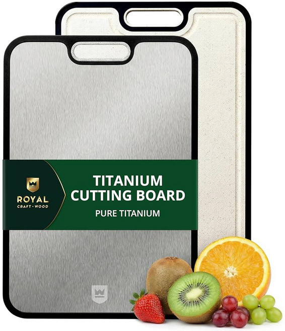 Royal Craft Wood 주방용 티타늄 도마 양면 100% 순수 및 PP 깊은 주스 홈 금속 청소하기 쉬운 대형 내구성 고기용 38.1 x 26.2cm(15 10.3인, Titanium