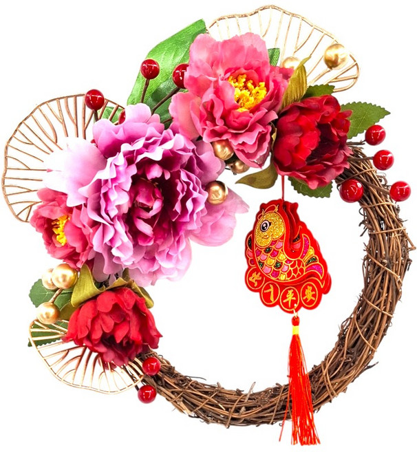 新年牡丹花圈 含柿子、金元寶裝飾 25CM 富貴迎春新年花環-A, 25CM富貴迎春新年花環-A