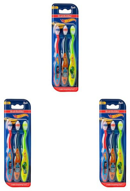 자동 칫솔 여행용 무선 어린이용 브러시 버디 핫 휠 팩 부드러운 칫솔모 유아 24세 6PK, Red/ Blue/ Green, 1 Count (Pack of 9)