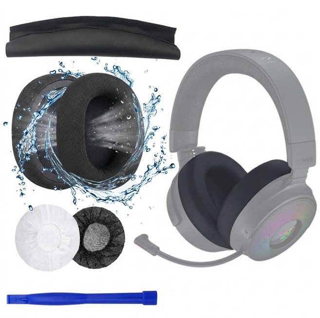 호환 김가루방지 메쉬형 레이저 크라켄 Kraken V4 V4X V4Pro V3 V3Pro V2Pro 패브릭 이어패드 교체용 게이밍 헤드셋 커버 솜 쿠션 4종 풀세트, 블랙, 1세트