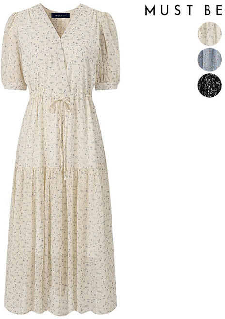 머스트비 랩 브이넥 플라워 반팔 롱원피스