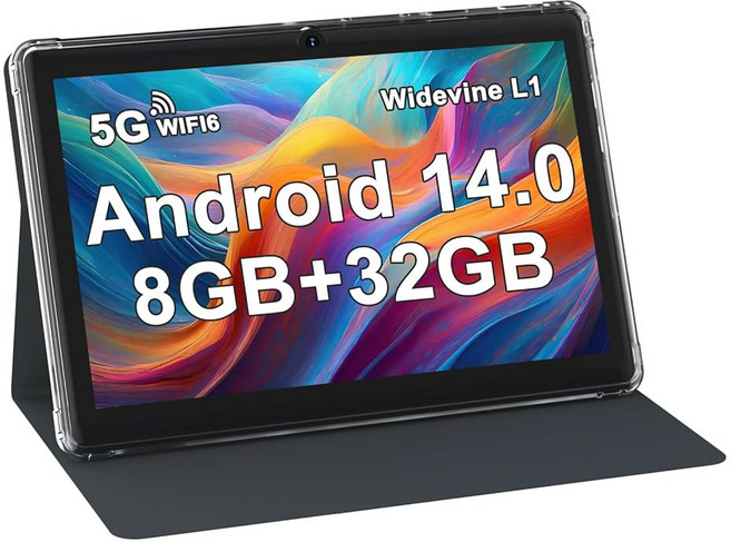 ZZB 7인치 태블릿 안드로이드 14 8GB RAM(4GB 확장 가능) 32GB ROM 태블릿은 1TB MicroSD 와이드바인 L1 듀얼 카메라 5G WiFi-6 케이스, 블랙