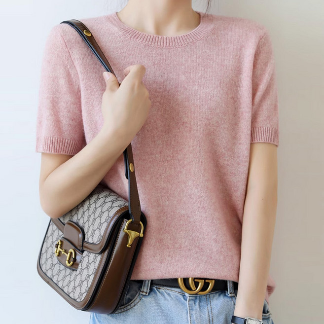 보슈 여성 베이직 라운드 반팔 니트 봄 기본 니트티