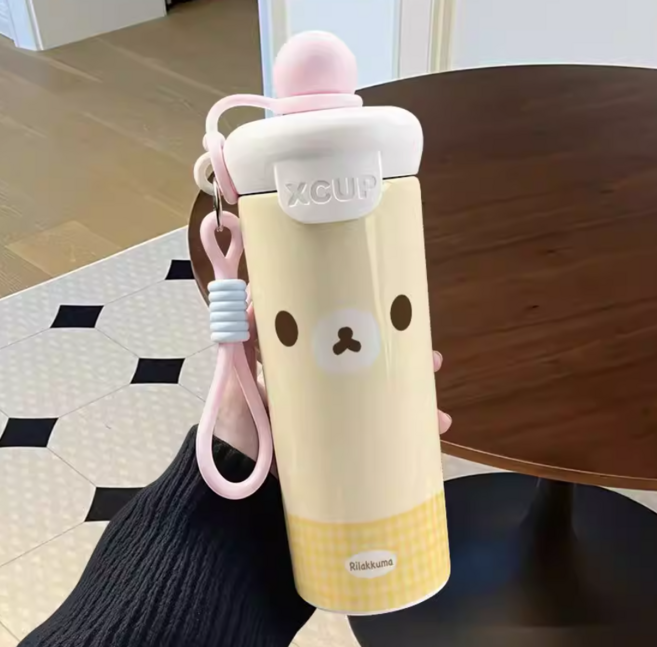 코리락쿠마 마메고마 텀블러 캐릭터 물병 귀여운 보틀 휴대용 물통, 1개, 600ml, 화이트