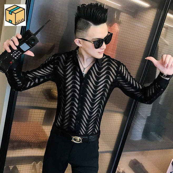 남성 시스루 상의 여름 남방 캐주얼 무대복 데일리 가을 긴팔 댄스 나이트 클럽